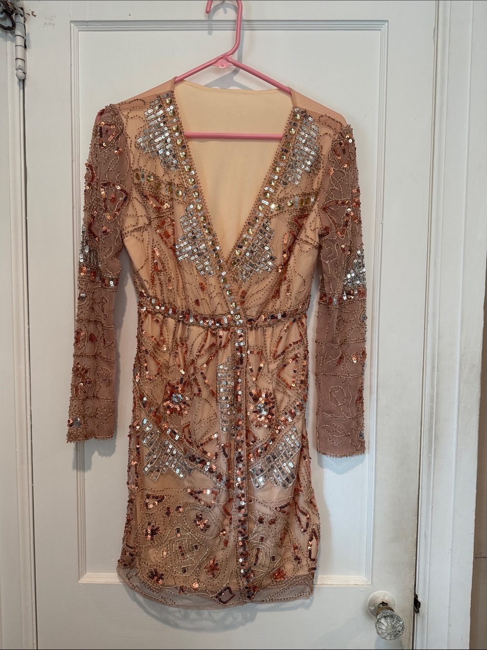 Embellished Nude-Beige V-Neck Long Sleeve Mini Dress